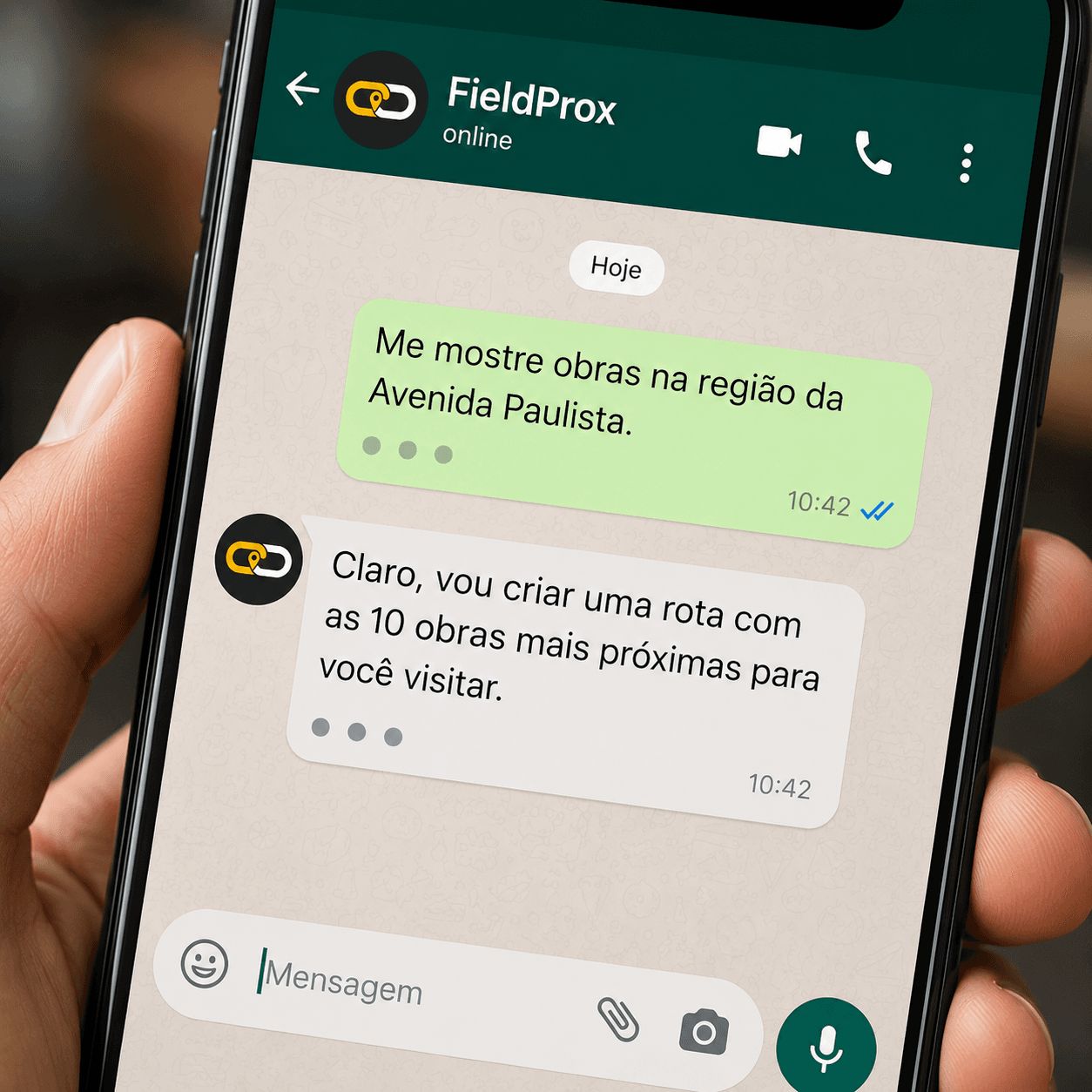 Conversa no WhatsApp com o FieldProx: pedido de obras na região e resposta com rota das 10 obras mais próximas